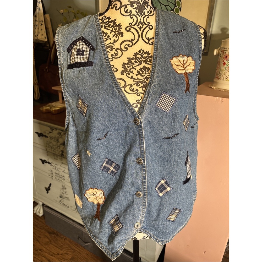 VTG 90s Womens Denim Patchwork Vest Size L Cute & Fun. DD Designs.